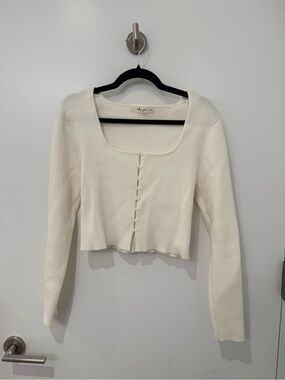 Cream Ribbed Square-Neck Button-Front Long Sleeve Top